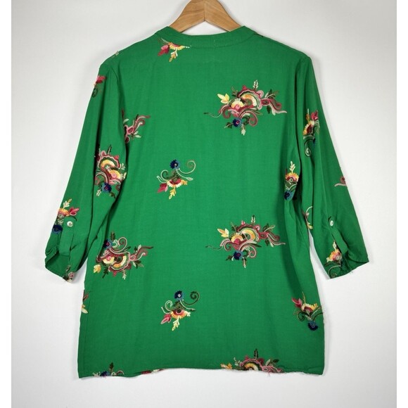 Kindred Anthropologie Blouse Womens Medium Kelly Green Embroidered Floral Boho - Picture 3 of 13